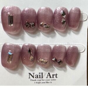Pink Cat Eye Press On Nails with 3D Silver Rhinestone Accents Short Square Set